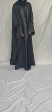 Load and play video in Gallery viewer, EMBELLISHED CUFF ORGANZA 3 PIECE ABAYA | BLACK |
