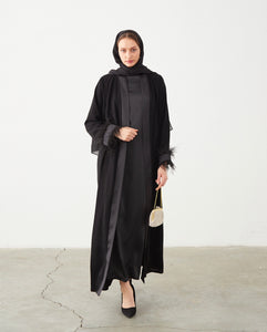 FEATHER SLEEVE OPEN ABAYA | BLACK |