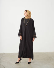 Load image into Gallery viewer, JACKET STYLE ABAYA WITH GOLD AND FEATHER DETAIL
