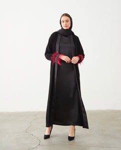 FEATHER SLEEVE OPEN ABAYA | RED |