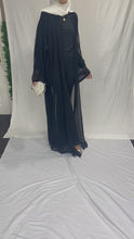 Load and play video in Gallery viewer, SHEER FLOWER EMBROIDERED OPEN ABAYA | BLACK |
