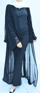 SHEER FLOWER EMBROIDERED OPEN ABAYA | BLACK |