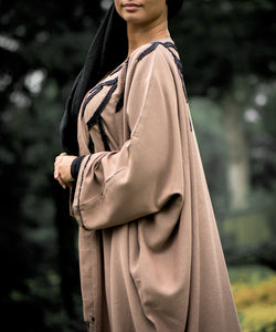 | WARM NUDE BATWING ABAYA WITH BLACK EMBELLISHMENT  |