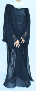 SHEER FLOWER EMBROIDERED OPEN ABAYA | BLACK |