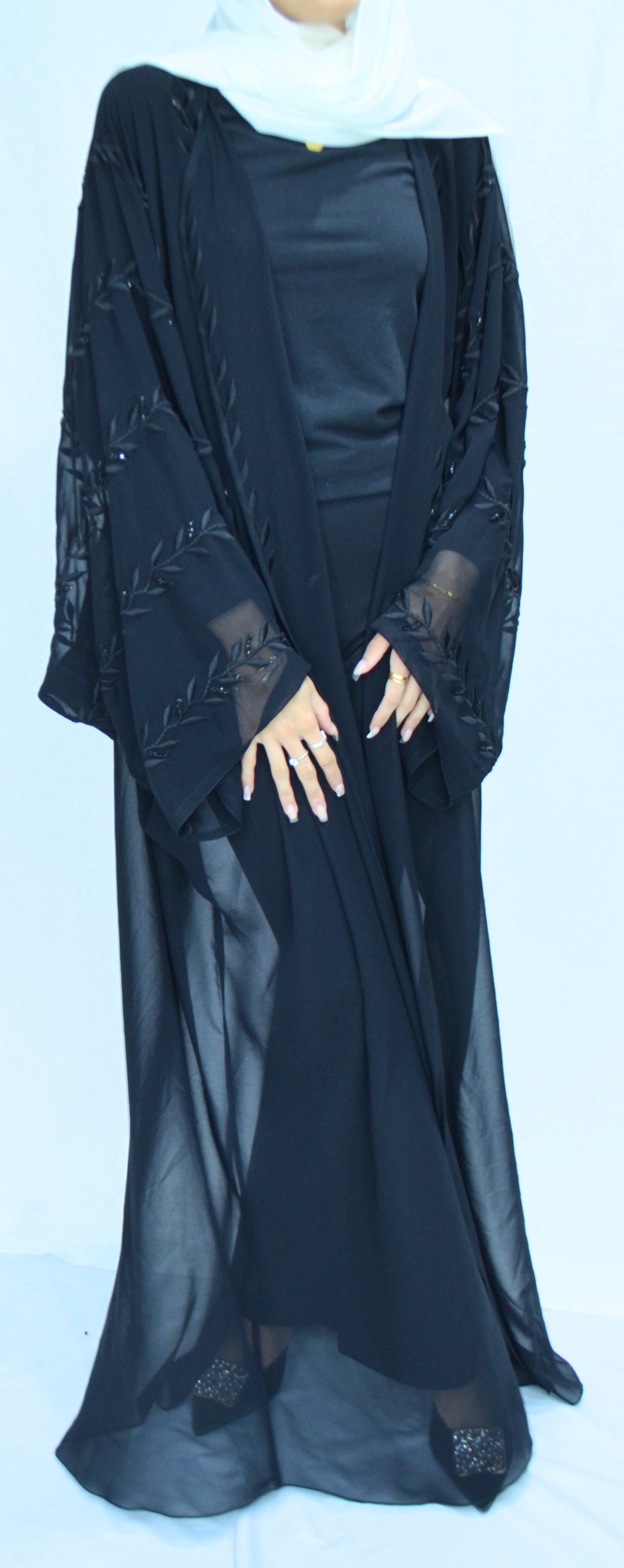 SHEER FLOWER EMBROIDERED OPEN ABAYA | BLACK |